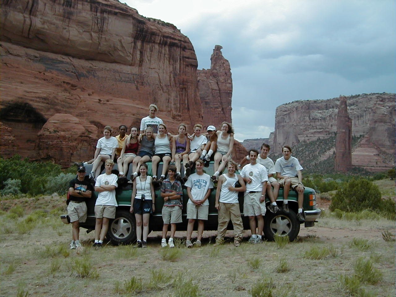 Group photo with Spider Rock in the background.